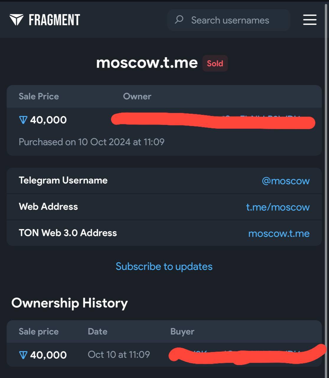 Один из крупных админов российского Telegram сегодня приобрел юзернейм   за 20 млн рублей    Сумма сделки в TON составила 40,000, а это, между прочим, более $200,000  P.S. Скрин мог и сам сделать, но забрал у своего коллеги Марзаганова