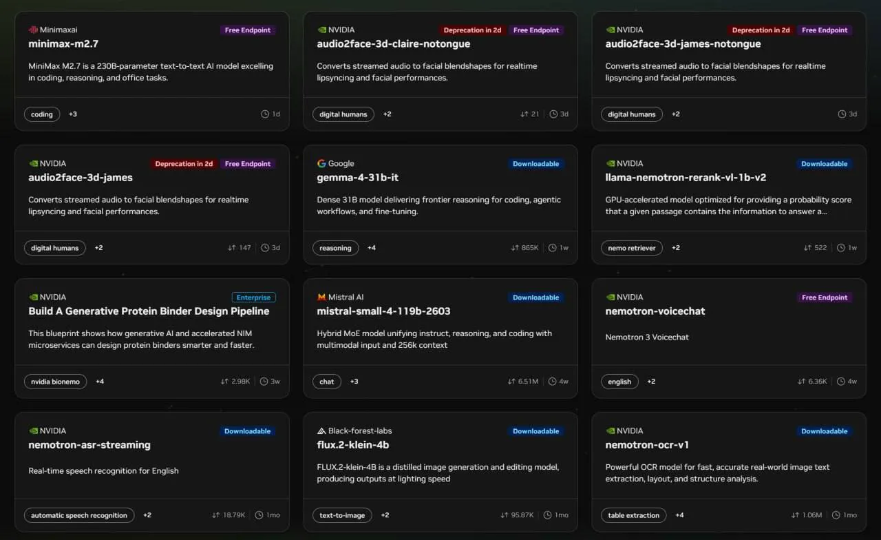 NVIDIA раздаёт аж 95 бесплатных API для разных открытых нейронок Minimax DeepSeek Mistral Kimi Gemma Llama и многих других включая фирменные от NVIDIA Помимо языковых моделей доступны генераторы аудио видео озвучек липсинков перевода и так далее Чтобы найти бесплатные API нужно выбрать в фильтрах Free Endpoint Пользуемся тут notboring tech
