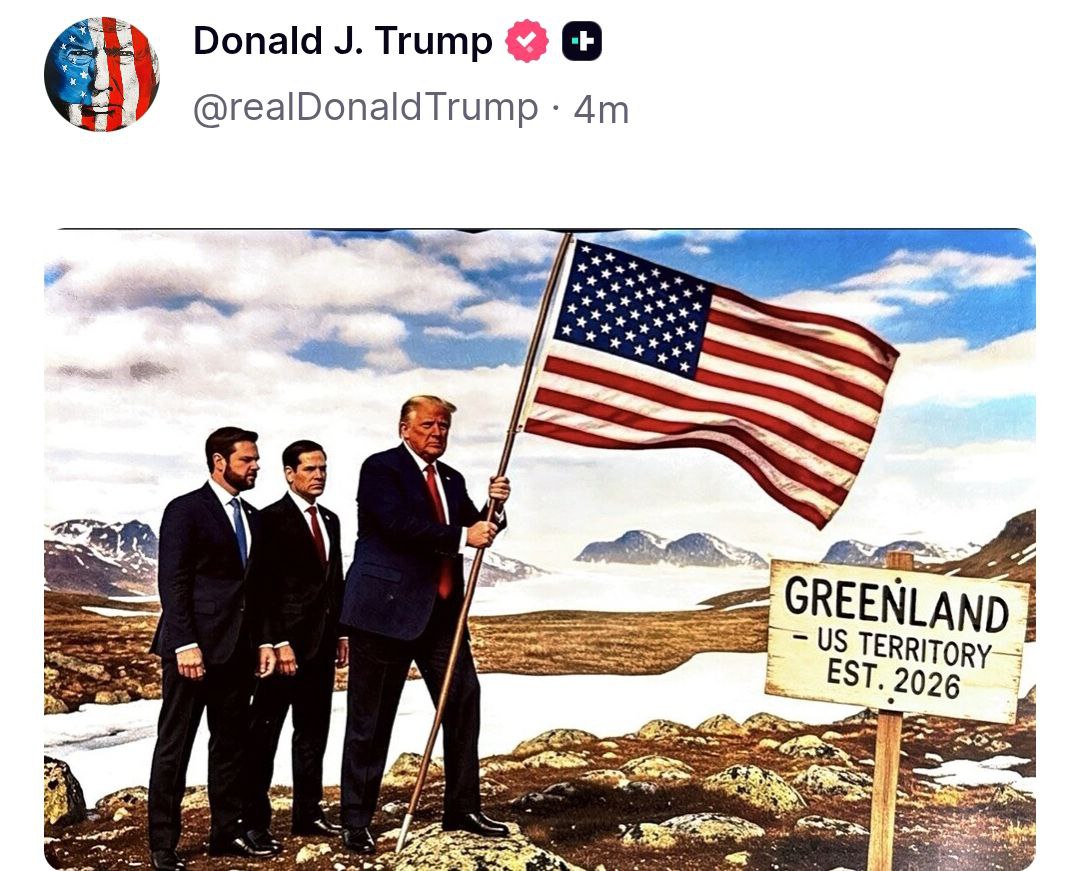 Трамп опубликовал картинку на которой он вице президент Вэнс и госсекретарь Рубио устанавливают американский флаг в Гренландии Примечательно что на картинке указан год присоединения Гренландии к США 2026 Гренландия территория США учреждена в 2026 году гласит надпись