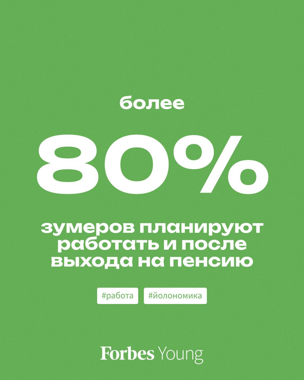 Абсолютное большинство молодых людей 84,6% планируют продолжать работать и после выхода на пенсию, показал опрос, проведенный среди 18–25-летних россиян цифровой платформой гибкой занятости Ventra Go!, с результатами которого ознакомился Forbes Young. Основной мотивацией для работы или подработки в пенсионном возрасте служит недоверие к пенсионным выплатам: почти половина 46% молодых людей не рассчитывают на государственные пенсии по старости. Остальные планируют работать или подрабатывать на пенсии, чтобы финансово помогать своей семье 20,5% , занять свободное время 17,5% или поддерживать так умственную и физическую форму 12% . 66,9% опрошенных считают, что для комфортной жизни на пенсии достаточно получать от 71 000 до 90 000 рублей в месяц. Подробнее о результатах исследования читайте на сайте Forbes #работа #йолономика