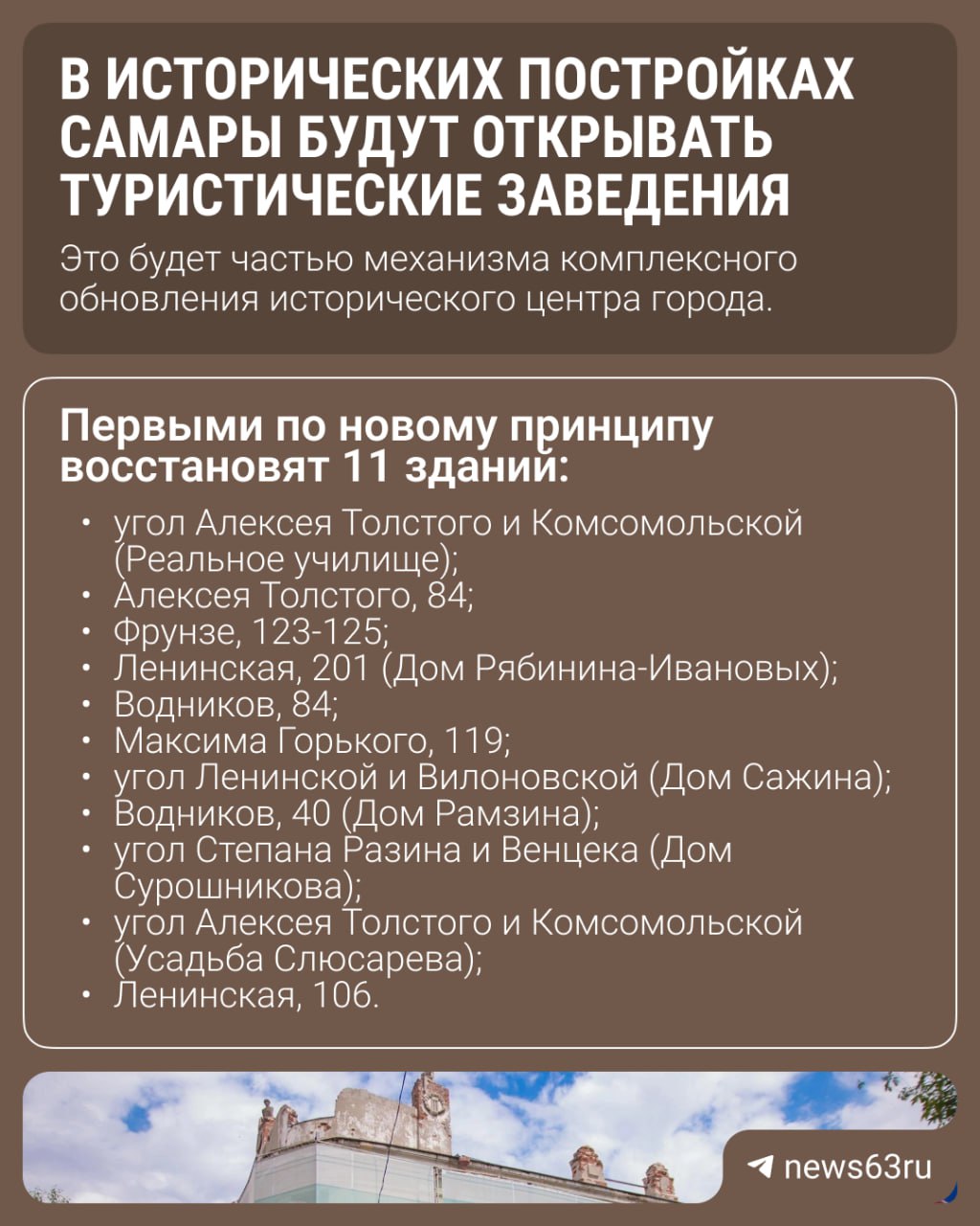 Восстановят 11 исторических зданий в центре города Агентство развития исторической Самары объявило конкурс на реставрацию памятников архитектуры Инвесторы восстановят фасады и приспособят здания под современное использование гостиницы рестораны музеи При этом статус объектов культурного наследия сохранится Например в Реальном училище планируют воссоздать башенку с куполом а в Доме Сурошникова обустроить исторический балкон