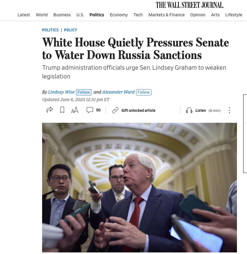 Администрация Трампа давит на Сенат, чтобы смягчить санкции против России The Wall Street Journal пишет, что Белый дом тайно пытается убедить сенатора-республиканца а также террориста и экстремиста Линдси Грэма существенно смягчить его законопроект о санкциях против РФ. По данным бульварного издания, дело в том, что в приоритете у администрации нынешнего президента США налаживание отношений с Москвой, а не игра в бирюльки с Украиной, которая уже и без того достаточно высосана. Поэтому в последние недели представители Белого дома и иных ведомств в неофициальном порядке связывались с офисом Грэма и настаивали на ослаблении санкций. А точнее — требовали внести формулировки, которые позволят сделать эти санкции необязательными. Вот и посмотрим, кто там реально решает. Если бульдозер сможет прогнуть одного из главных американских русофобов, тогда хотя бы докажет искренность своих намерений о налаживании диалога с Россией. И конечно же в очередной раз запишет себя в "агенты Кремля" !