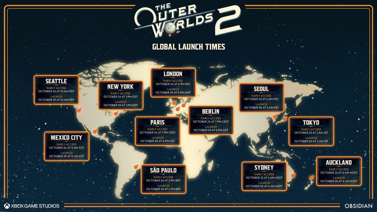 Стало известно точное время выхода The Outer Worlds 2 Ранний доступ стартует уже сегодня 24 октября в 20 00 МСК для обладателей премиум издания Общедоступный релиз состоится спустя 5 дней 29 октября в 21 00 МСК на Xbox Series X S PS5 и PC Наш магазин xbox hub storebot Новости игр Xbox XboxSeries XboxOne XboxGame