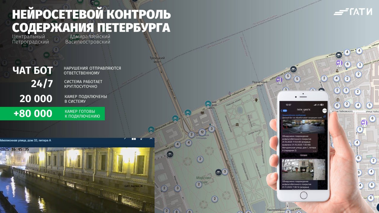 Камеры системы Безопасный город станут умными С 2024 года ГАТИ начала работу по подключению потоков с камер Безопасного города к нейросетевому комплексу Городовой Сегодня 20 тысяч камер в Петроградском Центральном Адмиралтейском и Василеостровском районах автоматически выявляют во дворах различные виды нарушений правил благоустройства и направляют замечания ответственным за уборку По поручению вице губернатора Евгения Разумишкина совместно с Комитетом по информатизации и связи ГАТИ в 2026 году подключит еще более 80 тысяч камер к своей системе что позволит контролировать содержание дворов во всех 18 районах города Подписывайтесь на ГАТИ в MAX