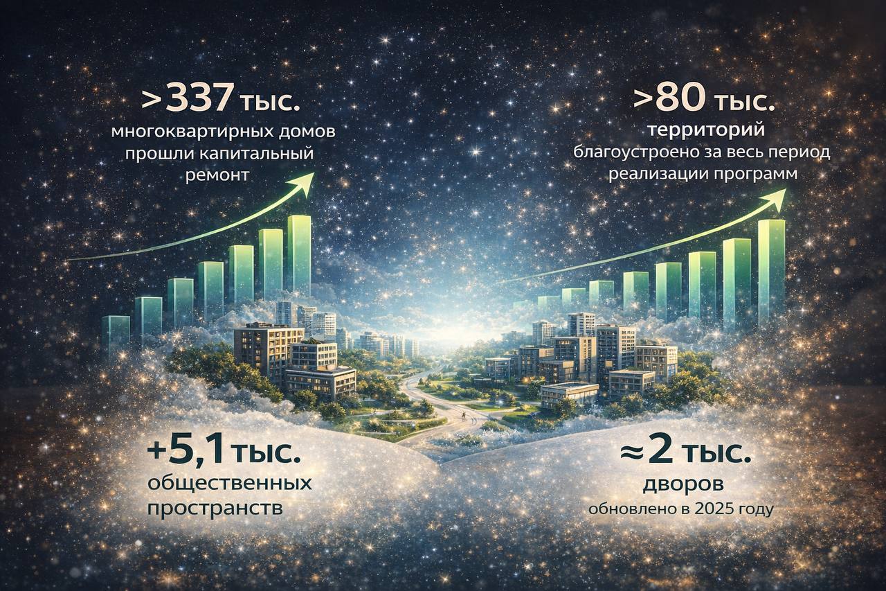 На итоговом заседании Общественного совета при Минстрое подвели результаты реализации нацпроекта Инфраструктура для жизни в 2025 году По данным Правительства РФ с начала года благоустроено свыше 7 тыс территорий и более 5 1 тыс общественных пространств и порядка 2 тыс дворов Одновременно был обозначен накопительный эффект программ за время их реализации по стране благоустроено более 80 тыс территорий включая 37 тыс общественных пространств и 43 тыс дворов Также в рамках нацпроекта капитальный ремонт охватил более 337 тыс многоквартирных домов В ходе заседания подчёркивалось что строительная отрасль и ЖКХ остаются ключевыми секторами экономики формирующими основу качества жизни и пространственного развития страны Нацпроект рассматривается в тесной связке с программами модернизации коммунальной инфраструктуры и повышением надёжности инженерных систем В повестке отдельно обозначены ключевые ориентиры до 2030 года переход от точечных улучшений к системному развитию городской инфраструктуры увязка благоустройства с жилищным строительством и последующей эксплуатацией обновление порядка 30 тыс общественных территорий в следующем этапе реализации Государственная политика всё отчётливее формируется вокруг устойчивости городов где инфраструктура жильё инженерные сети и общественные пространства рассматриваются как единая система