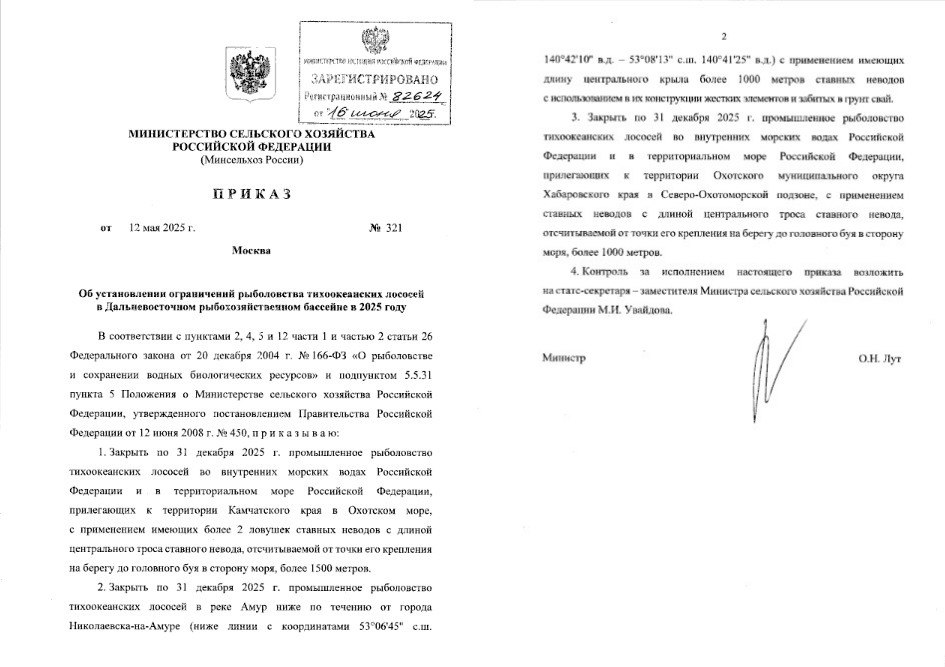 #хабаровскийкрай #сельскийщас #ловлосося Минсельхоз установил новые ограничения на промысловый вылов тихоокеанских лососей в ряде водных акваторий Хабаровского края. Соответствующий приказ № 321 подписан министром 12 мая 2025 года, зарегистрирован 16 июня и действует до 31 декабря текущего года. Запрещено промышленное рыболовство лососей в следующих зонах: В нижнем течении Амура, ниже города Николаевска-на-Амуре — при использовании ставных неводов с центральным крылом длиной более 1000 метров, если в конструкции присутствуют жесткие элементы и сваи, вбитые в дно. В Северо-Охотоморской подзоне, прилегающей к территории Охотского муниципального округа Хабаровского края — при применении ставных неводов с тросом длиннее 1000 метров от берега до морского буя. Кроме того, ограничен промышленный лов лосося в Охотском море у побережья Камчатского края — с использованием ставных неводов, оборудованных более чем двумя ловушками и имеющих центральный трос длиной свыше 1500 метров от берега до буя в море .