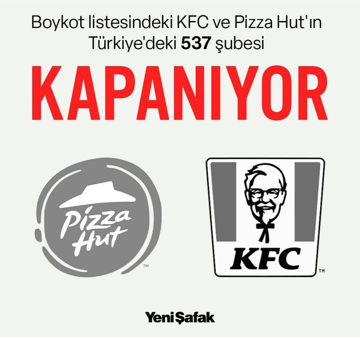 KFC и Pizza Hut, включенные в список бойкота, закрывают 537 филиалов в Турции.   После значительных финансовых убытков из-за бойкота, KFC и Pizza Hut приняли решение закрыть свои филиалы в Турции.    Владелец брендов KFC и Pizza Hut, американская компания Yum! Brands, заявила, что турецкий франчайзи İş Holding не выполнил свои обязательства.    Теперь Yum! Brands рассматривает два варианта: либо искать нового партнера в Турции, либо полностью покинуть страну.    Убытки сети связаны с обвинениями в поддержке действий Израиля против палестинцев.