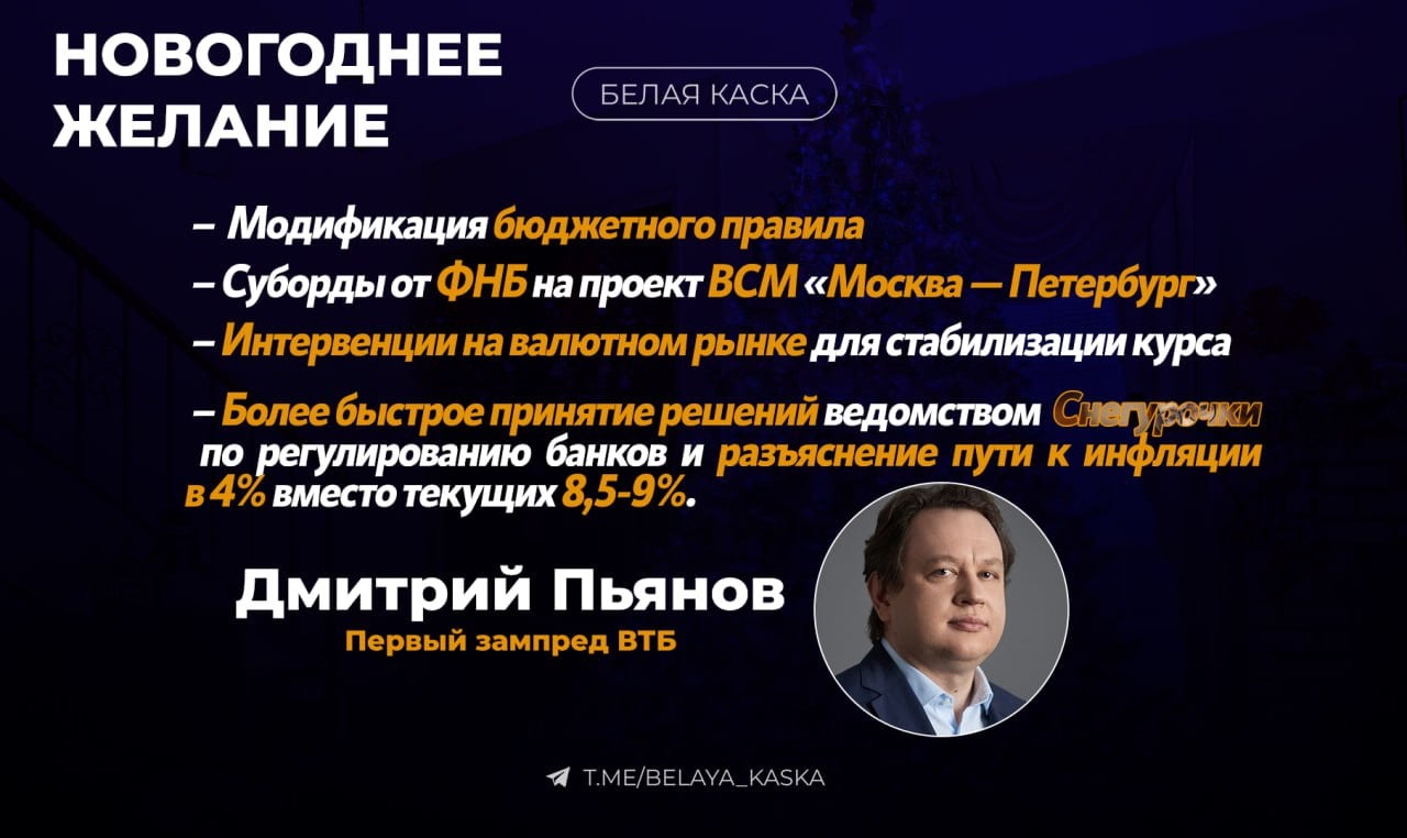 Первый зампред ВТБ Дмитрий Пьянов написал для РБК письмо Деду Морозу и Снегурочке  Пять пожеланий «от мальчика Димы из синей группы детского сада» на 2025 год, которые должны «сделать жизнь лучше и стабильнее».   Вдруг так выйдет, что... за стремление к ней придется заплатить большую цену в виде рецессии? Вдруг для быстрого снижения инфляции потребуется такое охлаждение экономики, что взрослые останутся без работы? — первый зампред ВТБ Дмитрий Пьянов