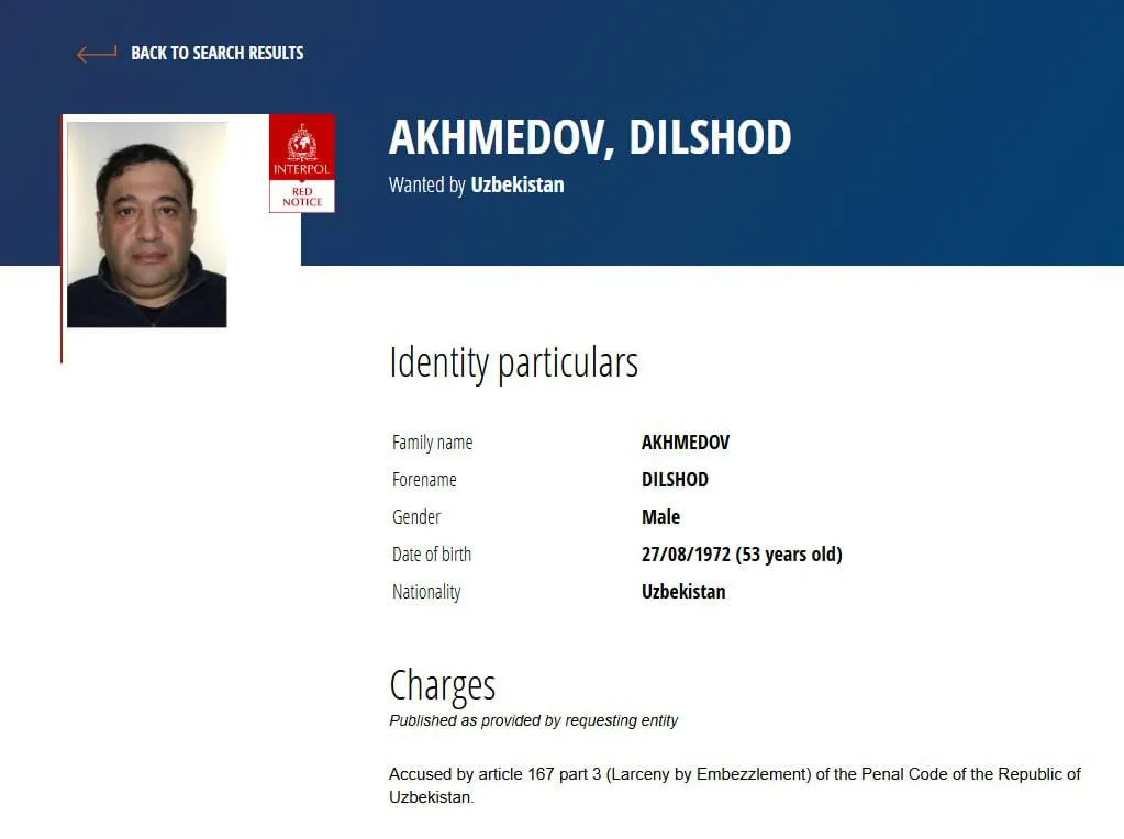 Экс глава Узметкомбината Дилшод Ахмедов объявлен в международный розыск Бывший председатель правления Узбекского металлургического комбината разыскивается по линии Интерпола Сообщается что он подозревается в совершении преступления по статье о хищении путём присвоения или растраты в особо крупном размере Ахмедов возглавлял комбинат с октября 2024 по август 2025 года Подписаться на канал Узбекистан Online