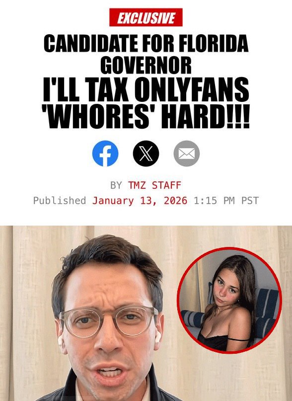 Налог на ГРЕХ с онлифанщиц собирается ввести кандидат в губернаторы Флориды Джеймс Фишбек По его словам проституткам с OnlyFans нужно заняться чем то более продуктивным в своей жизни чем позирование голыми перед камерой Налог в 50 с дохода звёздных онлифанщиц проживающих в штате должен отпугнуть девушек от продажи своего тела в интернете Конкретно Фишбек раскритиковал Софию Рейн модель которая поднимает миллионы долларов на OnlyFans Сама София Рейн лишь посмеялась над этой инициативой сказав что консерваторы её главные спонсоры И в чём она не права