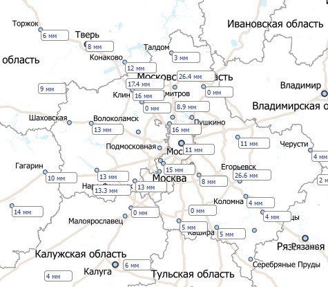 На карте показано распределение количества осадков за прошедшую ночь 27 января В Москве на ВДНХ количество осадков составило 11 мм а это означает что перекрыт рекорд 1995 года с количеством 10 9 мм Но окончательная цифра нового рекорда будет известна лишь после 21 часа поскольку снегопад в Москве продолжается И в Подмосковье местами уже перекрыт рекорд по осадкам в Новом Иерусалиме за 12 часов выпало 16 мм а прежний рекорд 1995 года составлял 10 6 мм