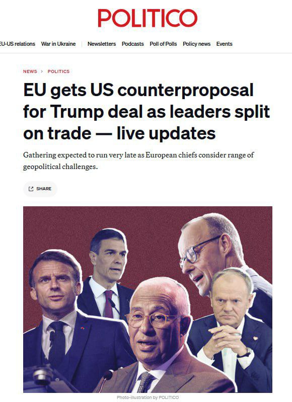 ЕС получил новое торговое контрпредложение США по тарифам, сообщает Politico. Как пишет газета, Европейская комиссия получила письмо из США, которое дает президенту Урсуле фон дер Ляйен новости для национальных лидеров во время их саммита в Брюсселе. Но между двумя крупнейшими экономиками блока возникают разногласия по поводу того, как им следует реагировать. Германия настаивает на том, чтобы ЕС заключил быстрое торговое соглашение с США до крайнего срока 9 июля, после которого Трамп обещал ввести тарифы, и раскритиковала переговорную стратегию Европейской комиссии, назвав ее «слишком сложной». Франция, со своей стороны, выступает против поспешного соглашения. Детали предложения США газета не приводит.