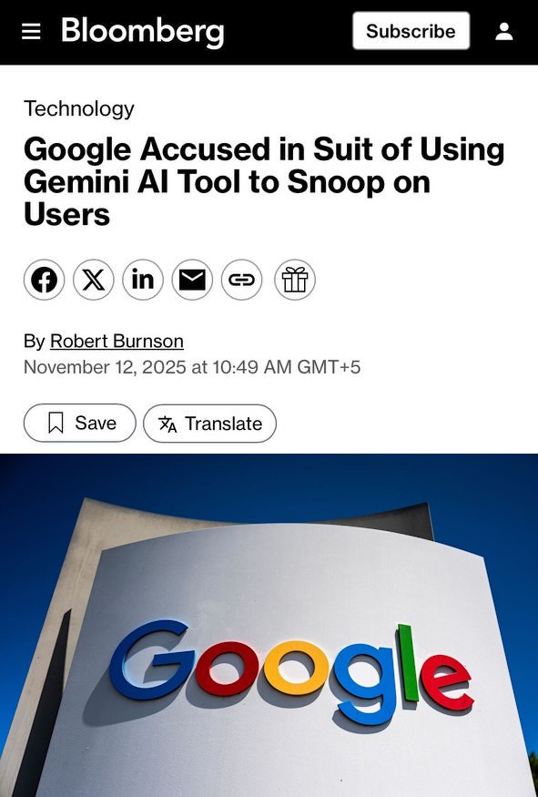 Google обвиняют в незаконной слежке за пользователями с помощью ИИ Gemini пишет Bloomberg Инфу нейронка собирает из личных переписок в Gmail Google Chat и видеоконференциях Google Meet Если раньше Gemini включалась вручную то с октября функция была тайно активирована для всех юзеров без их ведома Удивили ежа голой жопой Гугл сливает личные данные