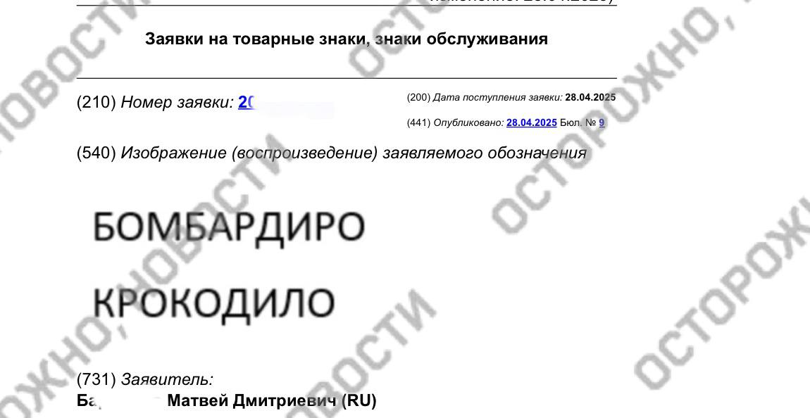 В Роспатент подали заявку на регистрацию «Бомбардиро Крокодило». Документация ведомства есть в распоряжении «Осторожно, новости». 24-летний житель Обнинска Матвей Б. планирует выпускать под таким названием цифровые публикации, полиграфию, канцелярские товары, сувениры и оказывать медиауслуги. Какое отношение молодой человек имеет к мему, неизвестно — он не ответил на звонки «Осторожно, новости». Сам мем Bombardilo Crocodillo появился в феврале, его в тиктоке опубликовал пользователь с ником armenjiharhanyan. После публикации ролика появилась целая вселенная итальянских и не только brainrot-персонажей: акула в кроссовках Tralalero Tralala, кофейная балерина Balerina Cappuccina, кактус-слон Lirili Larila и деревянный парень из Индонезии Tung Tung Sahur.