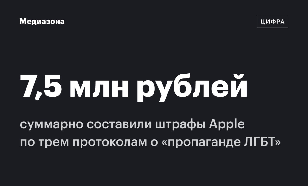 Apple в России оштрафовали на 7,5 млн рублей по трем протоколам о «пропаганде ЛГБТ» Об этом сообщает корреспондент «Медиазоны» из Таганского районного суда Москвы. На Apple составили три протокола о «пропаганде ЛГБТ». По каждому из этих протоколов судья Анохина присудила Apple по 2,5 млн рублей штрафа. Представительница Apple Елена Четверикова просила суд рассматривать протоколы в закрытом судебном заседании — без слушателей и журналистов. Суд это ходатайство поддержал, поэтому неизвестно, что именно послужило поводом для составления протокола. Протокол составили на ирландскую Apple Distribution International LTD — подразделение Apple, отвечающее за дистрибуцию техники за пределами США. Компания выступает учредителем российского юрлица «Эппл Рус». Apple первой из иностранных IT-компаний, еще до полномасштабного вторжения России в Украину, отказалась удалить контент по требованию властей России — в том числе за подкасты с «информацией, направленной на дестабилизацию политической обстановки в РФ». Оформите Зона VPN и выходите в свободный интернет: