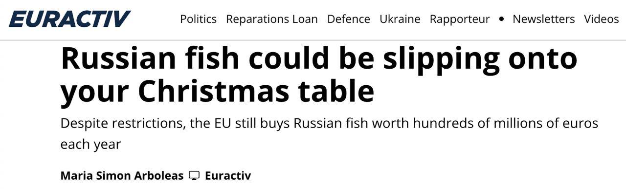 Евросоюз в прошлом году закупил у России рыбы на 709 миллионов евро сообщает Euroactiv Больше всех Нидерланды Германия Франция и Польша Две крупнейшие российские рыболовные компании недавно были признаны виновными в проведении государственного шпионажа в водах ЕС что привело к введению санкций Однако Еврокомиссия отклонила призывы к введению дополнительных ограничений на импорт рыбы К этой идее с опаской относятся многие страны ЕС пишет Euroactiv В публичных заявлениях ЕК утверждает что сделано достаточно для отказа от использования российской рыбы Был запрещен импорт икры наряду с шампанским и бриллиантами хотя Россия поставляла её в очень небольших количествах Но другие рыбные продукты продолжали поступать в частности треска и минтай некоторые даже ввозились беспошлинно ЕС лишил этот импорт доступа к каким либо тарифным скидкам с 2024 года но масштабные поставки продолжаются НАШИ РЕСУРСЫ Telegram Tik tok YouTube RUTUBE