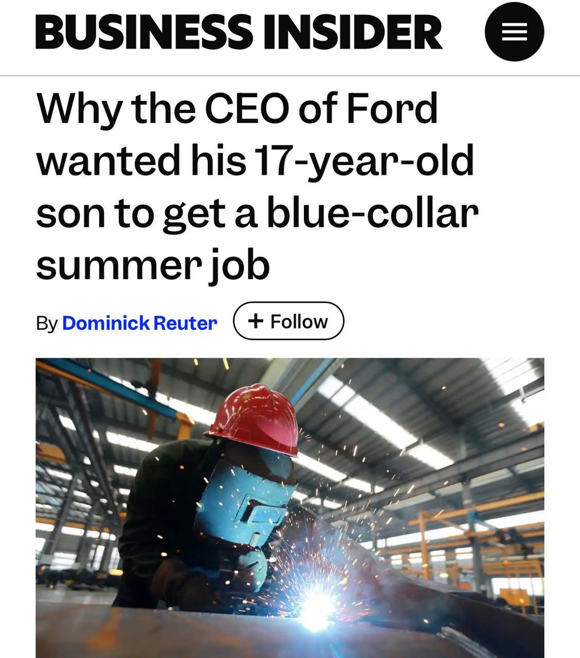 Глава Ford устроил сына сварщиком несмотря на миллионы Генеральный директор Ford Джим Фарли отправил своего 17 летнего сына работать сварщиком несмотря на то что семья долларовые миллионеры По его словам профессии синих воротничков сейчас особенно востребованы и не стоит бояться искусственного интеллекта Если он станет отличным сварщиком или механиком и будет работать с нашими дизельными моторами я буду в восторге как отец заявил Фарли Он подчеркнул что считает это важным опытом и возможностью выбора для сына vesti az
