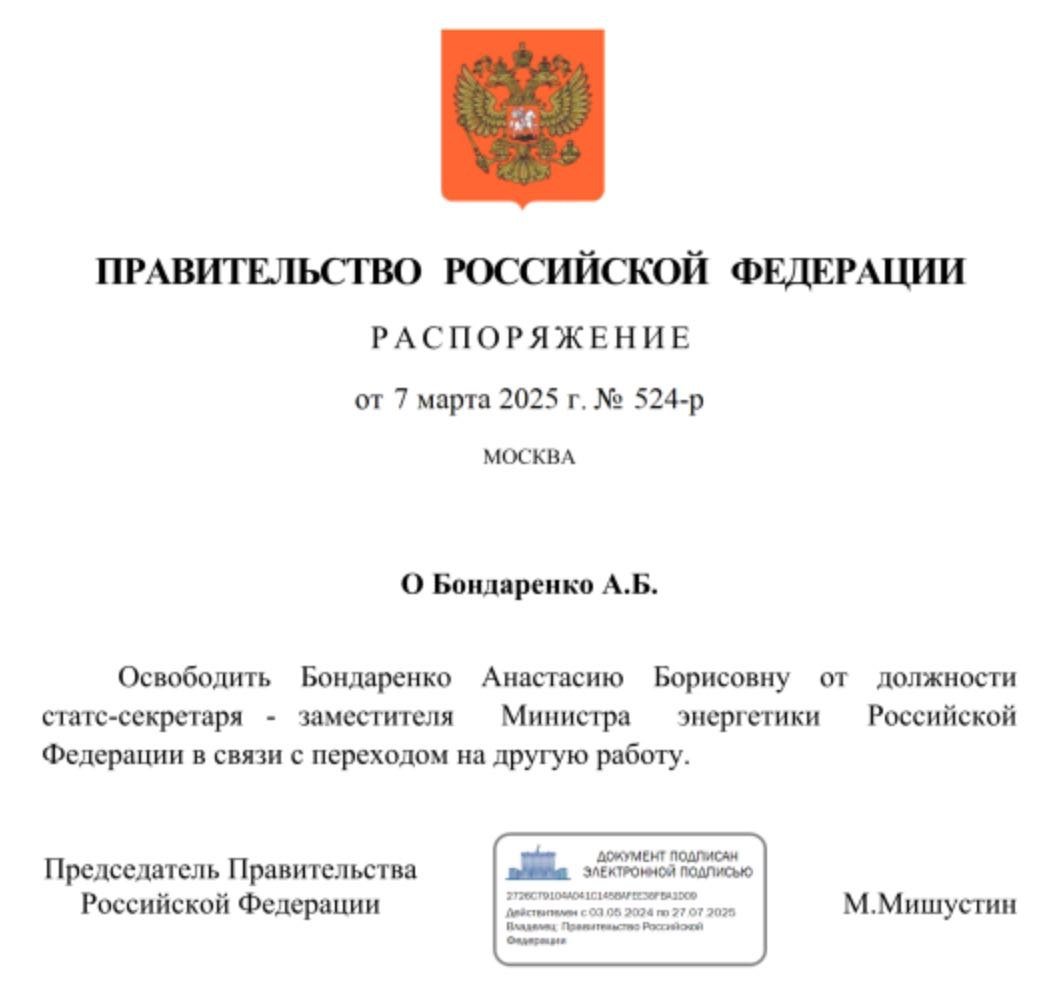 Анастасии Бондаренко удалось найти другую работу, поэтому она оказалась освобождена от должности статс-секретаря – заместителя министра энергетики РФ, на которой ей довелось потрудиться семь лет.