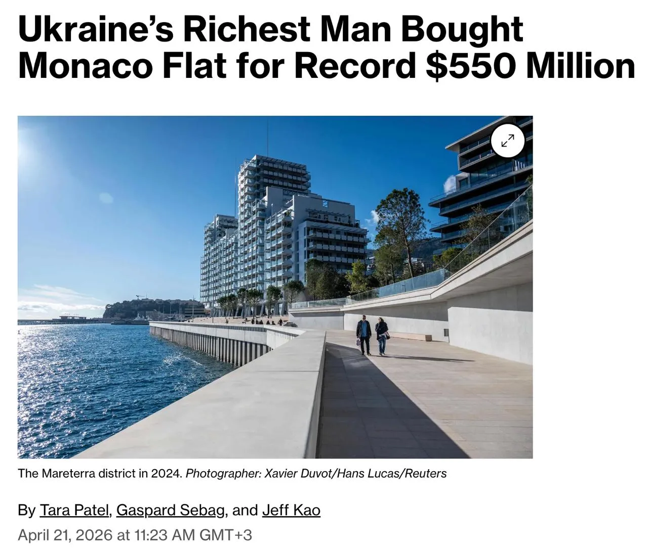 Ринат Ахметов купил квартиру в Монако за рекордные 550 миллионов долларов сообщает Bloomberg Это одна из крупнейших сделок в истории продаж жилой недвижимости За такие деньги украинский предприниматель купил 21 комнатную пятиэтажную роскошную квартиру в самом престижном новом жилом комплексе Монако на первой береговой линии в районе Маретерра Квартира находится в флагманском здании Le Renzo Ее площадь составляет около 2500 квадратных метров не считая балконов и террас с видом на Средиземное море В ней есть бассейн джакузи и как минимум восемь парковочных мест Сделка состоялась еще в 2024 году но прессе стало известно о ней из документов только сейчас Холдинговая компания Ахметова SCM подтвердила факт приобретения недвижимости в этом комплексе Сайт Страна X Twitter Прислать новость фото видео Реклама на канале Помощь