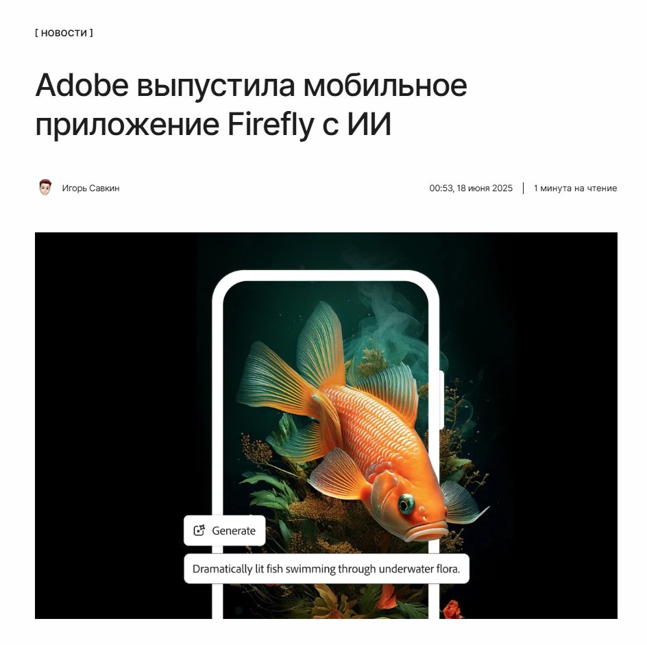Портативный генератор картинок Adobe Adobe выпустила мобильное приложение Firefly с ИИ-инструментами для генерации изображений и видео. Оно уже доступно для iOS и Android. Как и в веб-версии, пользователи могут создавать изображения и анимировать их по текстовым промптам. ↖