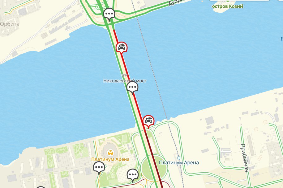 Красноярцы попали в огромную пробку из-за трех аварий на Николаевском мосту  Судя по данным сервиса 2ГИС, заторы наблюдаются на улицах Свердловская и Лесников.  На самом мосту красным отмечено направление с правого берега в сторону левого. Судя по картам, сейчас из своих дворов не могут выехать жители микрорайона Тихие Зори.  Кроме того, проблемы есть на Коммунальном мосту и Предмостной площади.   : 2ГИС