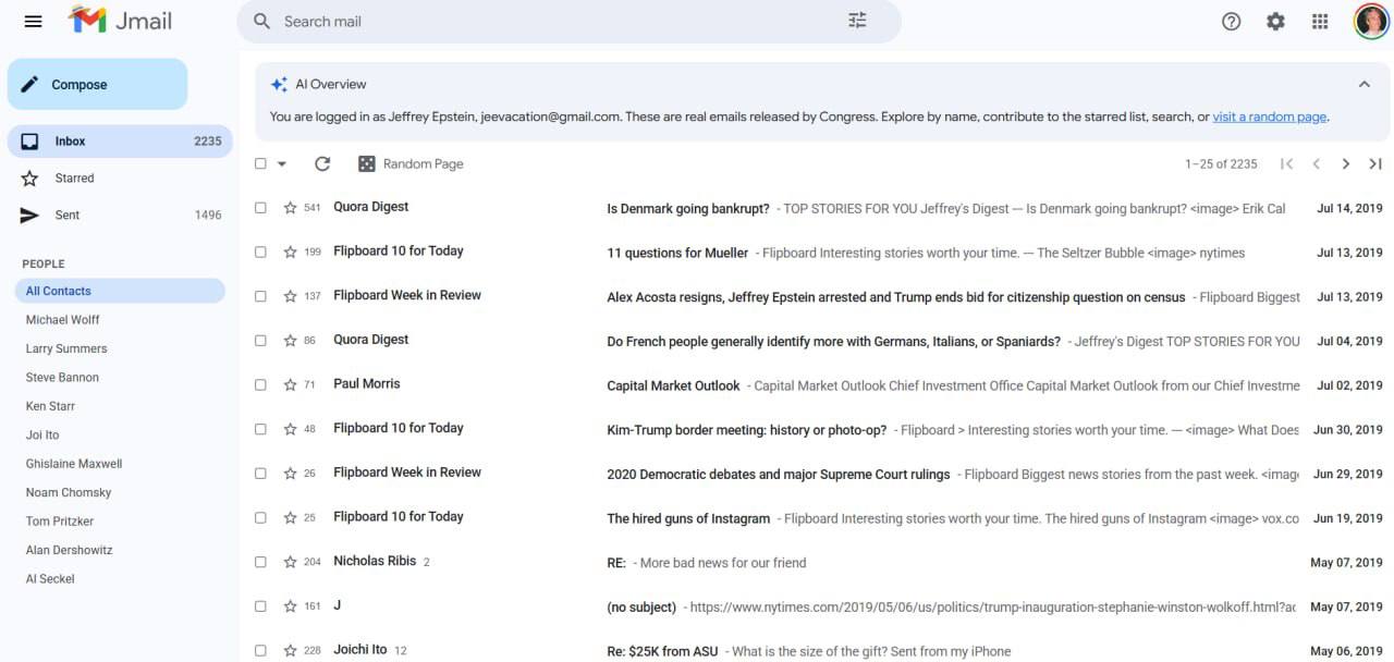 Разработчики из Сан Франциско сделали переписку Эпштейна доступной для всех в удобном формате Двое разработчиков из Сан Франциско Райли Уолц и Люк Айгель за несколько дней с помощью ИИ создали Jmail рабочую веб копию почты Джеффри Эпштейна Более 2000 писем опубликованных Комитетом по надзору Палаты представителей США теперь доступны в интерфейсе практически идентичном Gmail Среди адресатов Билл Гейтс Джефф Безос Питер Тиль Создатели заявили что цель проекта сделать публичный массив документов читабельным Все эксперты здесь