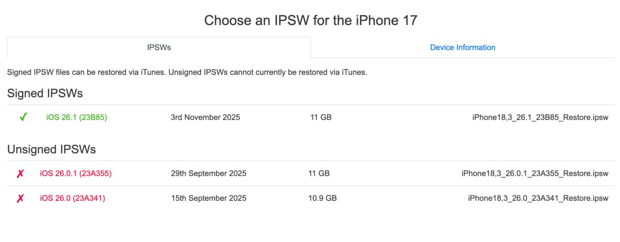 Apple перестала подписывать iOS 26 0 1 и iPadOS 26 0 1 Откатиться на эти версии ОС больше нельзя Теперь единственная актуальная сборка это iOS 26 1