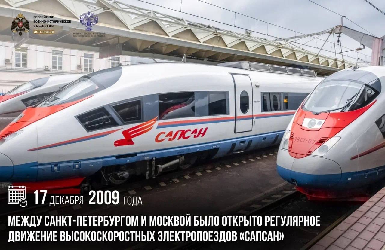 17 декабря 2009 года между Санкт Петербургом и Москвой было открыто регулярное движение высокоскоростных электропоездов Сапсан Имя для этих поездов выбрано не случайно оно дано в честь сокола сапсана абсолютного рекордсмена по скорости в мире птиц Во время испытаний в 2009 году Сапсан подтвердил свое название установив национальный рекорд скорости на рельсах 290 километров в час Значимость проекта вышла за рамки столичного направления запуск маршрута в Нижний Новгород дал мощный импульс развитию регионов За годы работы услугами Сапсанов воспользовались порядка 40 миллионов человек памятныедаты ИсторияРФ Подписаться на История РФ