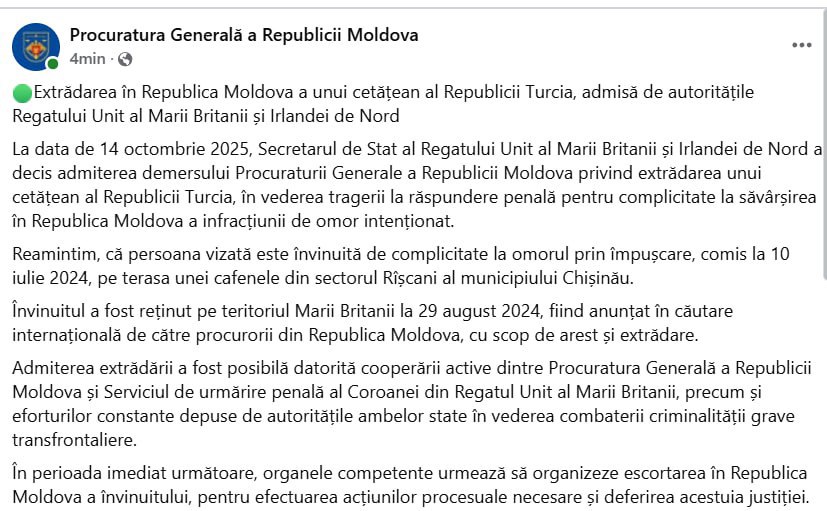 Генпрокуратура гражданин Турции и сообщник киллера застрелившего мужчину на Рышкановке прошлым летом будет экстрадирован в Молдову Британские власти одобрили запрос Генпрокуратуры Молдовы об экстрадиции гражданина Турции обвиняемого в соучастии в умышленном убийстве совершённом 10 июля 2024 года на террасе кафе в секторе Рышкановка в Кишиневе Мужчина был задержан в Великобритании 29 августа 2024 года после объявления в международный розыск Подпишись на Moldova Liberă