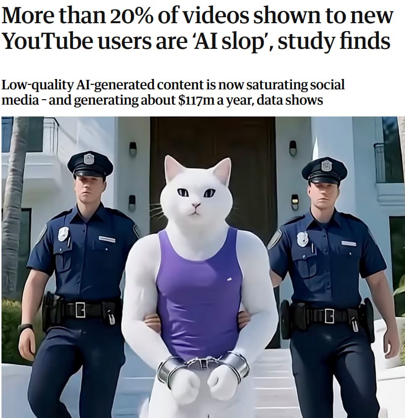 Каждое пятое видео которое YouTube показывает в рекомендациях новым пользователям бессмысленный и низкокачественный ИИ контент Примитивные ИИ слопы в совокупности собрали более 63 млрд просмотров и приносят 117 млн в год отмечает The Guardian  Большая часть создателей такого контента работают с Украины из Индии Нигерии и Вьетнама rusputnikmd 2