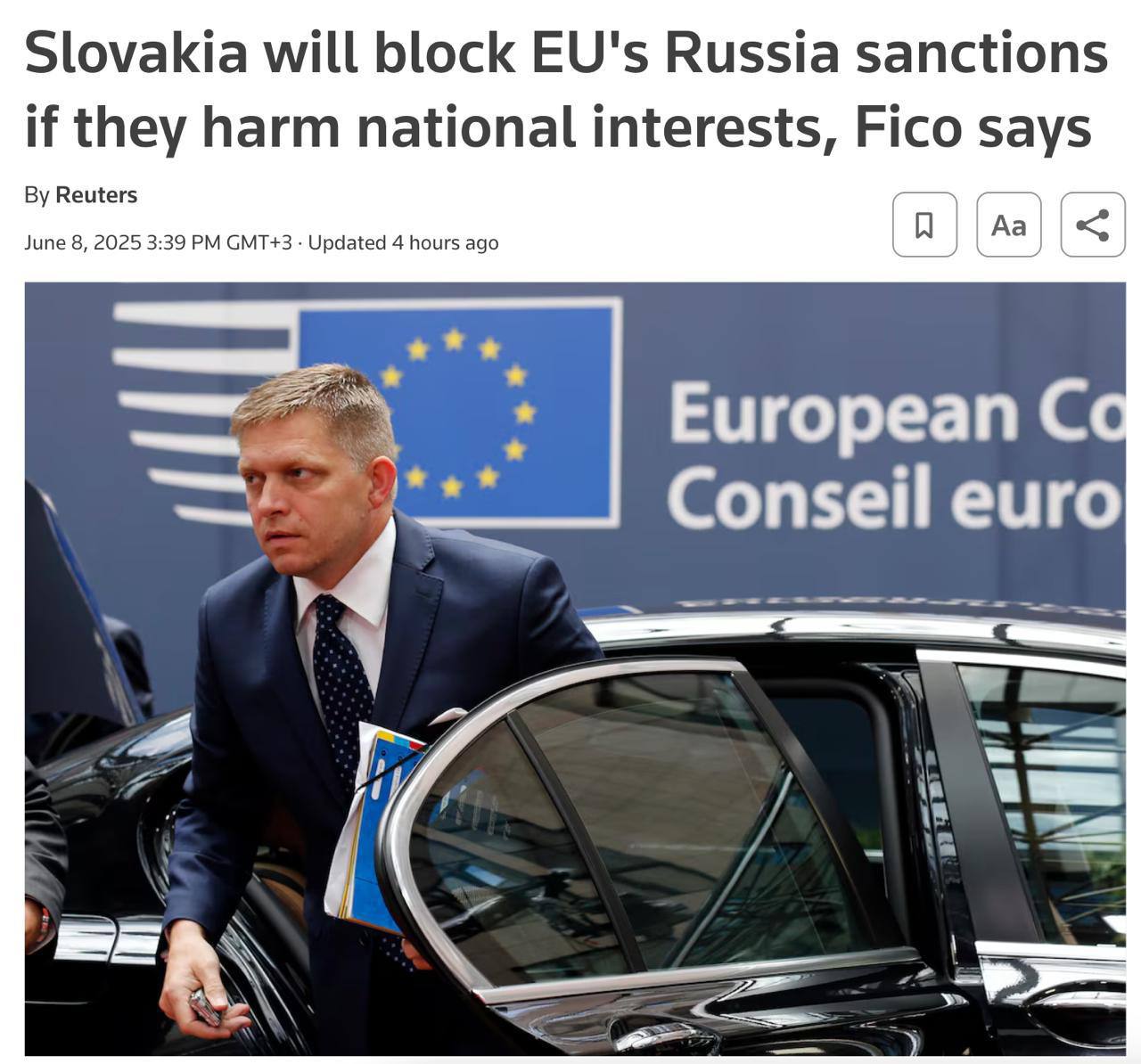 Фицо грозится заблокировать любые санкции Евросоюза против России, если они будут вредить интересам Словакии  Такую позицию премьер-министр озвучил после принятия парламентом резолюции, призывающей правительство не поддерживать дополнительные ограничения в отношении Москвы.  "Я заинтересован в том, чтобы быть конструктивным игроком в Европейском союзе, но не за счет Словакии", - заявил Фицо      YouTube   sponsr.ru