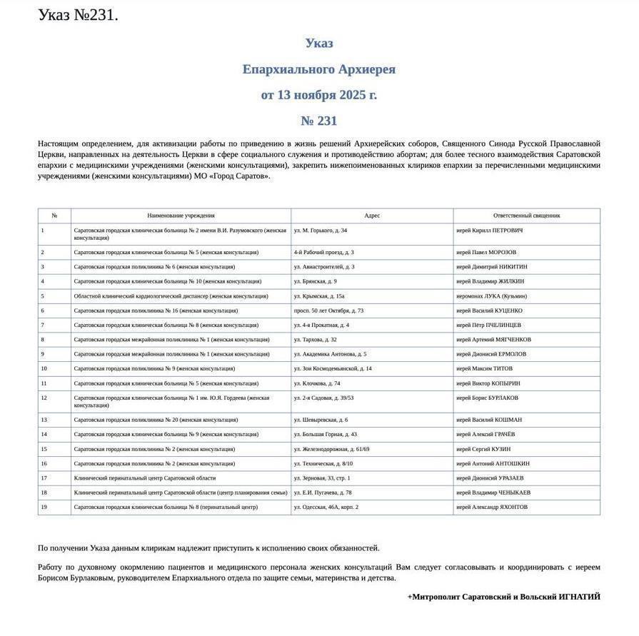 Священников в Саратове собираются направлять в женские консультации и перинатальные центры Решение приняла Саратовская епархия РПЦ чтобы активизировать социальное служение поддерживать профилактику абортов и наладить более тесное взаимодействие с медицинскими учреждениями Прямой эфир