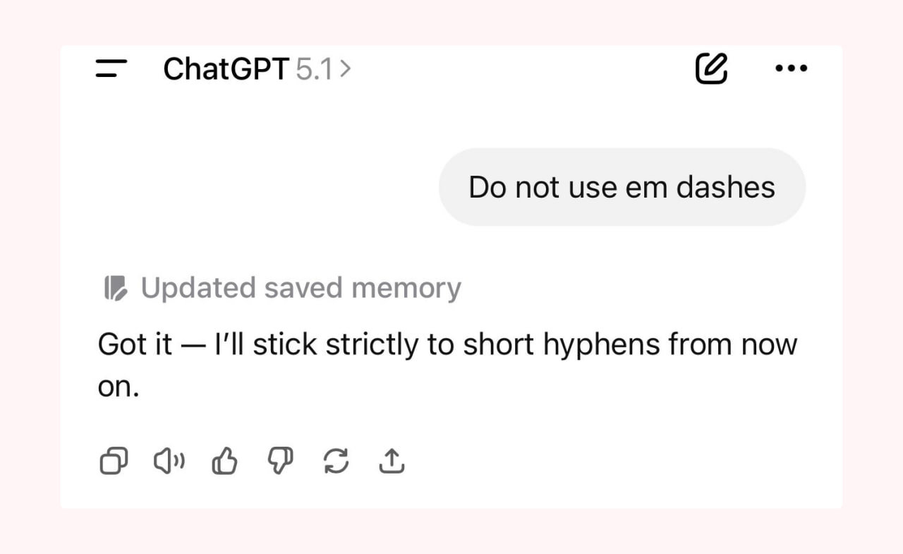 Глава OpenAI Сэм Альтман сообщил о решении проблемы с постоянным использованием длинного тире ChatGPT Маленькая но радостная победа прокомментировал он Чрезмерное использование этого знака некоторые пользователи давно считают признаком работы нейросети даже если текст писал человек vc ru chatgpt 2365479