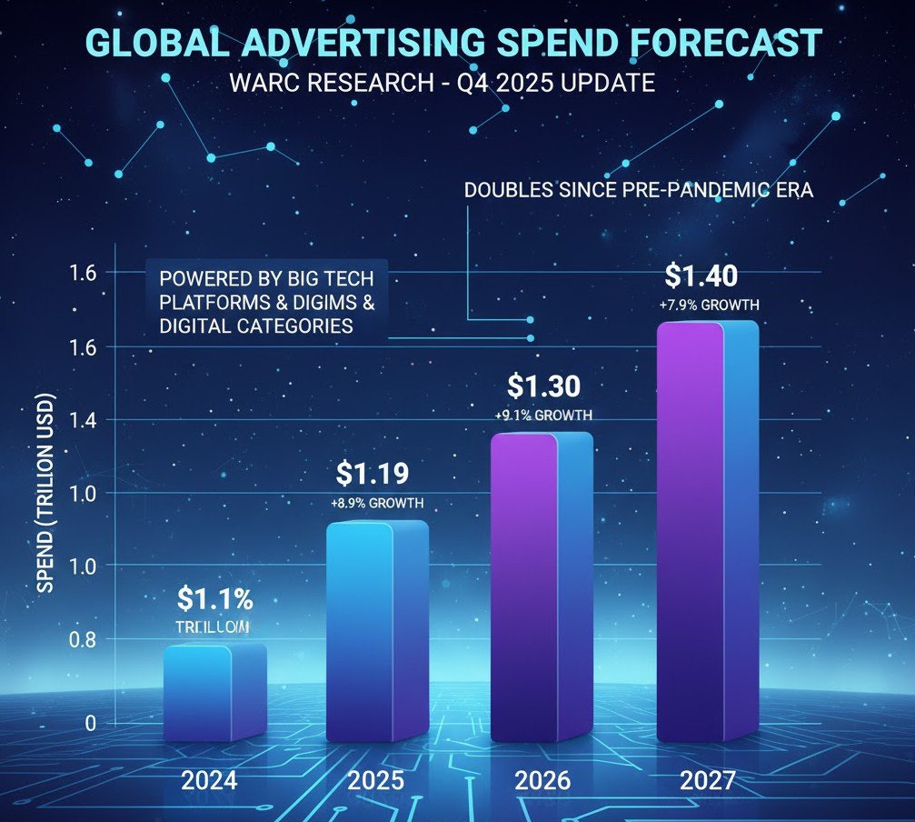 К концу 2025 года глобальные расходы на рекламу достигнут 1 19 трлн По прогнозу WARC мировые рекламные расходы к концу 2025 года вырастут на 8 9 в годовом выражении и достигнут 1 19 трлн что выше сентябрьского прогноза на 1 5 п п Основной рост обеспечивают крупные цифровые платформы Alphabet Meta признана экстремистской и запрещена в РФ и Amazon совокупная доля которых к 2026 году достигнет 58 Кстати новые цифровые платформы такие как TikTok и Reddit также довольно быстро наращивают долю рынка но с более низкой базы Интересно что по мнению самих экспертов рост рекламы идет скорее за счет увеличения цен на размещения и новых инвестиций в цифровые каналы чем за счет объема потребительских расходов А это только усиливает доминирование крупных технологических платформ Что касается 2026 года то там расходы продолжат рост на 9 1 до 1 3 трлн а в 2027 году рынок достигнет 1 4 трлн что почти вдвое выше показателей начала пандемии Сильнее всего рекламный рост ощущается в США 35 3 мирового рынка Китае 16 8 и Великобритании 4 9 Быстрорастущие сегменты цифровая коммерция и нижняя часть воронки продаж где бюджеты смещаются от традиционных каналов к платформам с высокой измеримостью TMT Channel Подписаться