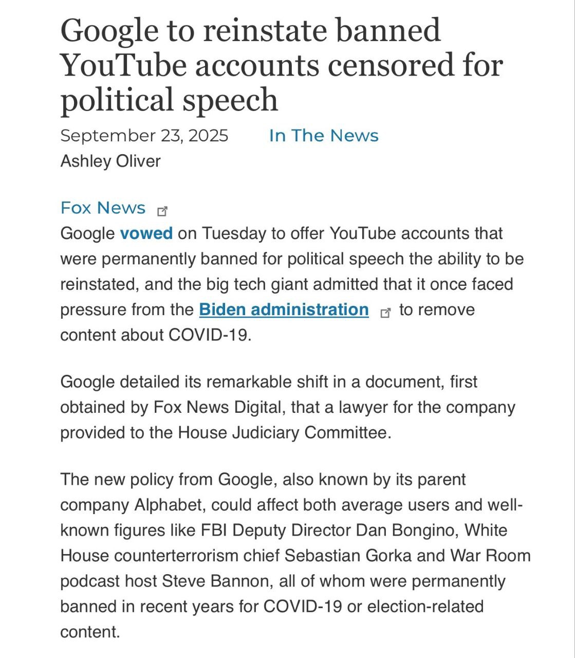 Google восстановит заблокированные аккаунты YouTube за политические высказывания Компания объявила о намерении вернуть доступ пользователям чьи каналы были заблокированы неправомерно Однако россиян платформа пока не планирует возвращать Ранее Google признал давление со стороны администрации США вынудившей компанию удалять определённый контент Тогда представители Демократической партии совместно с властями и технологическими гигантами Бигтех массово удаляли и ограничивали доступ гражданам среди которых был даже Трамп Теперь же демократы обвиняют республиканцев в действиях ранее активно применявшихся ими самими многократно усиливая контроль над контентом investing