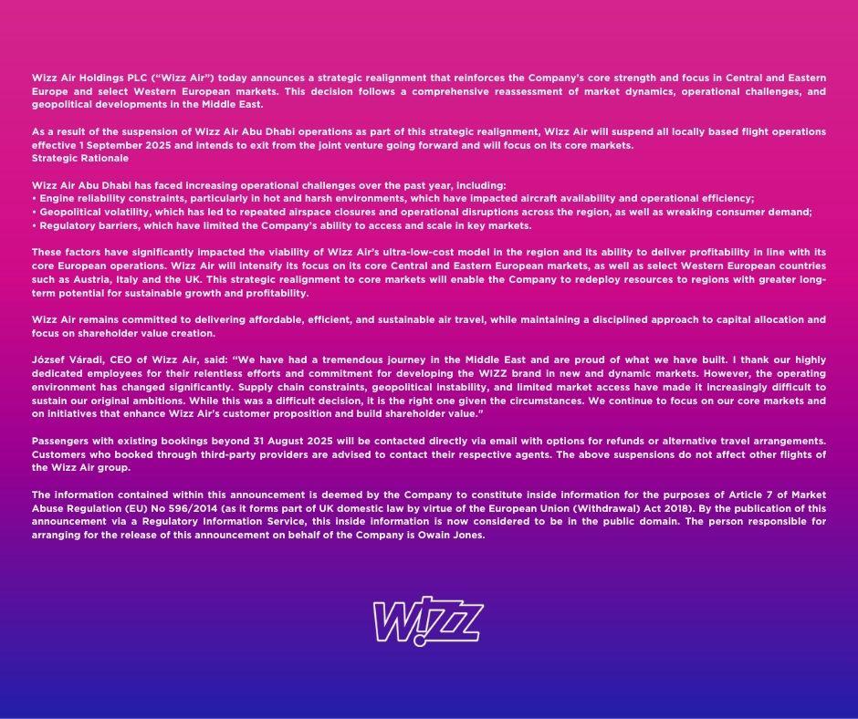 Wizz Air уходит из ОАЭ Европейский бюджетный перевозчик Wizz Air объявил о прекращении всех операций своего подразделения в ОАЭ – Wizz Air Abu Dhabi с 1 сентября 2025 года и о намерении полностью выйти из совместного предприятия с суверенным фондом ADQ. Причины — затянувшиеся проблемы с двигателями Pratt & Whitney GTF в условиях жары, закрытия воздушного пространства и отсутствие экономической эффективности. Всё это мешает поддерживать ультралоукост-модель, с которой Wizz Air пришла на Ближний Восток в 2020 году. Решение принято в рамках стратегической перестройки, в ходе которой Wizz Air переоценила рыночную ситуацию, операционные вызовы и геополитическую обстановку в регионе. Основное внимание теперь будет уделено ключевым направлениям в Центральной, Восточной и части Западной Европы. Wizz Air Abu Dhabi начала работу в 2020 году и задумывалась как амбициозный шаг на ближневосточный рынок с базой в Абу-Даби. План по расширению парка до 50, а затем до 100 самолётов остался на бумаге. Проект с самого начала столкнулся с высокой конкуренцией со стороны местных перевозчиков, нестабильностью спроса и напряжённой политической обстановкой в регионе. Штат Wizz Air Abu Dhabi успел вырасти до 700 человек, но амбициозный проект не состоялся. AviaNews