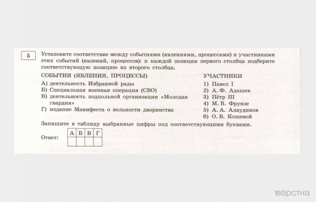 «Верстка»: в ЕГЭ по истории появятся имена 11 участников войны в Украине  Как пишет «Верстка» со ссылкой на пособие типовых экзаменационных вариантов ЕГЭ по истории от Федерального института педагогических измерений  ФИПИ , имена участников «СВО» встречаются в задании №5 — в нем школьникам нужно будет сопоставить историческое событие и его участника. Из 30 вариантов этого задания «спецоперация» встречается в 21.  Среди тех, кто фигурирует в этом задании: командир спецназа «Ахмат» Апти Алаудинов, летчик Канамат Боташев, погибший в начале войны в небе над Украиной, полковник Народной милиции самопровозглашенной ДНР Ольга Качура.  О войне в Украине учеников могут спросить и в других вопросах ЕГЭ по истории — например, нужно знать год вхождения Донецка и Луганска в состав России, пишет «Верстка».  Фото: «Верстка»  Подписаться на «Новую-Европа»