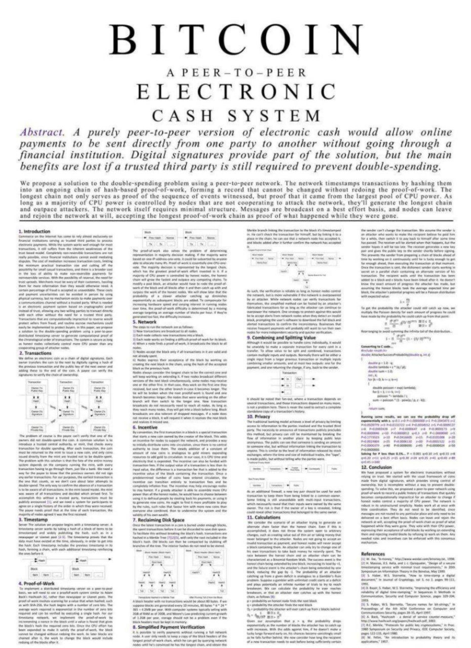 Пока весь мир отмечает Halloween мы спешим напомнить что 31 октября 2008 года человек или группа лиц под псевдонимом Сатоши Накамото опубликовал White paper Биткоин одноранговая электронная платежная система в котором на 9 страницах описан ее принцип работы Только спустя 3 месяца Сатоши добыл первый блок транзакций Тогда заложенное в коде вознаграждение составляло 50 BTC Затем Bitcoin появился на бирже New Liberty Standart где за 1 можно было приобрести 1309 монет Своего максимума курс криптовалюты достиг в ноябре 2021 года поднявшись до отметки 69 тыс