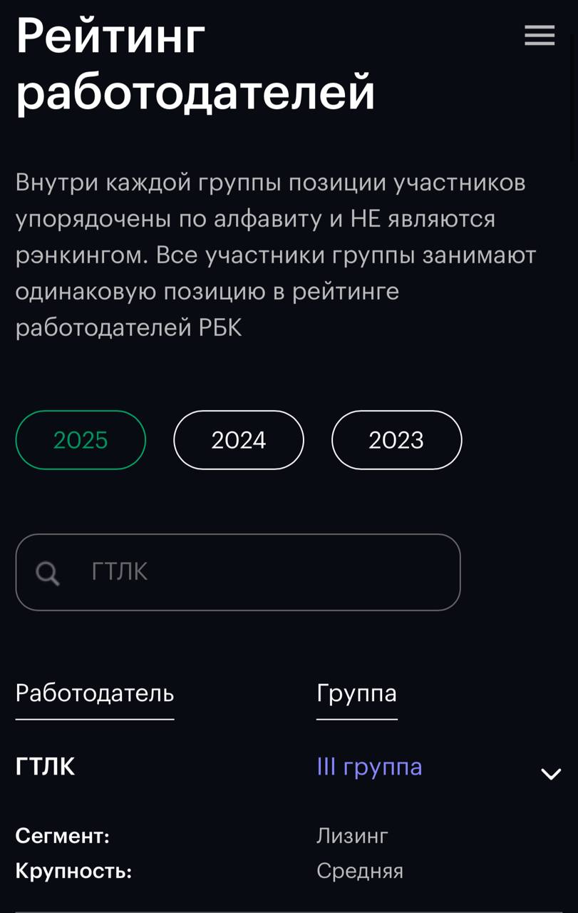 ГТЛК в числе лучших работодателей России ГТЛК впервые вошла в рейтинг топ 500 работодателей России по версии РБК Это важное для нас достижение которое отражает системную работу над развитием корпоративной культуры и заботой о команде Мы создаем среду где ценят профессионализм инициативу и стремление к развитию Для нас это не просто строчка в рейтинге а признание усилий всей нашей команды Мы инвестируем в людей потому что именно наши сотрудники главный актив и основа успеха компании Рейтинг РБК это независимая оценка которая учитывает не только экономические показатели но и качество HR бренда уровень социальных гарантий и программы развития персонала Мы благодарим каждого сотрудника за вклад в общий успех и продолжаем движение вперед