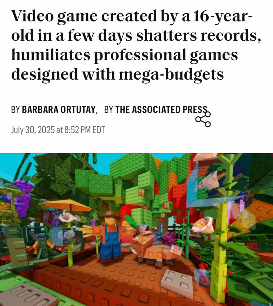 16-летний школьник заработал более 1 млрд рублей в Roblox. Он просто сделал симулятор фермы, на который ушло всего 3 дня разработки. Игра Grow a Garden про выращивание и продажу урожая стала мегапопулярной и набрала 21,6 млн игроков. Это больше, чем у Fortnite, Dota 2 и CS2 вместе взятых. Проект уже выкупила студия из Новой Зеландии, но школьник догадался сохранить за собой 50% прав.