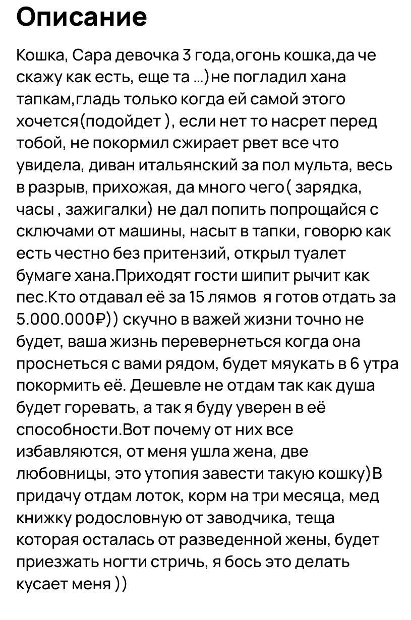 На Авито за ₽5 млн продают кошку, из-за которой от одного москвича ушла жена и две любовницы.  Кошка Сара гарантированно испортит вам диван, тапки, ключи от машины, бумагу в туалете и остальные вещи, но зато к вам будет приезжать тёща хозяина, чтобы подстричь ногте Саре.  Надо брать.  Отдел жалоб