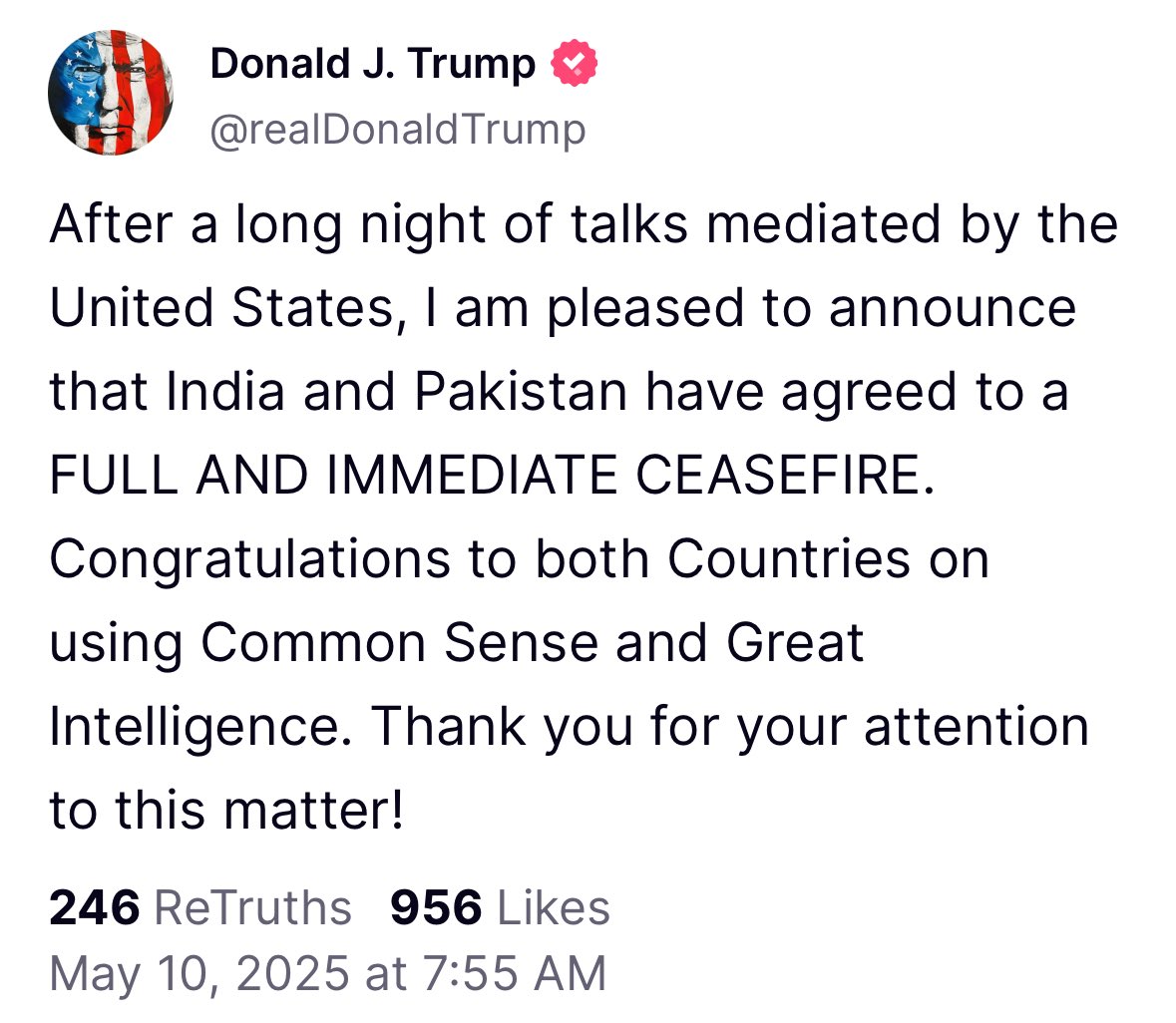 Трамп заявил, что Индия и Пакистан договорились о полном и немедленном прекращении огня.