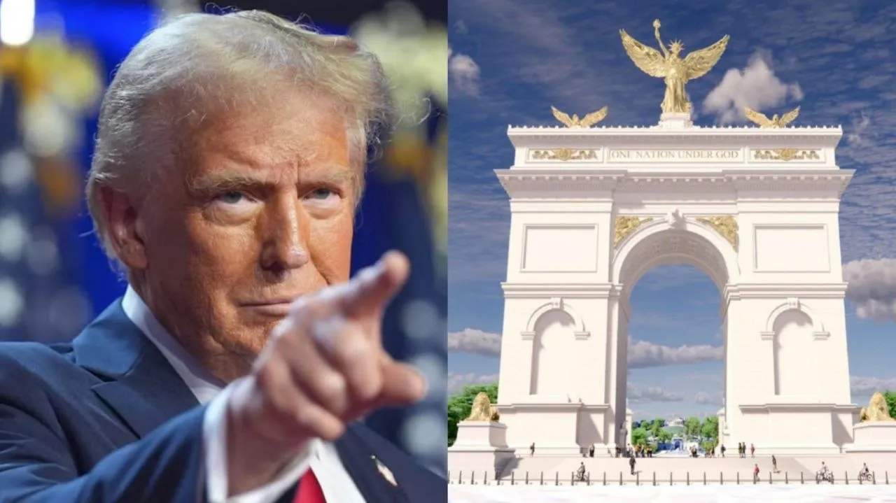 Трамп хочет построить в Вашингтоне самую большую триумфальную арку в мире Проект включает в себя арку из светлого камня с элементами позолоты двумя большими орлами из цветного металла по бокам вершины и позолоченной золотой фигурой по центру   repost uz govorit budet samoy krasivoy Подписывайтесь на Repost