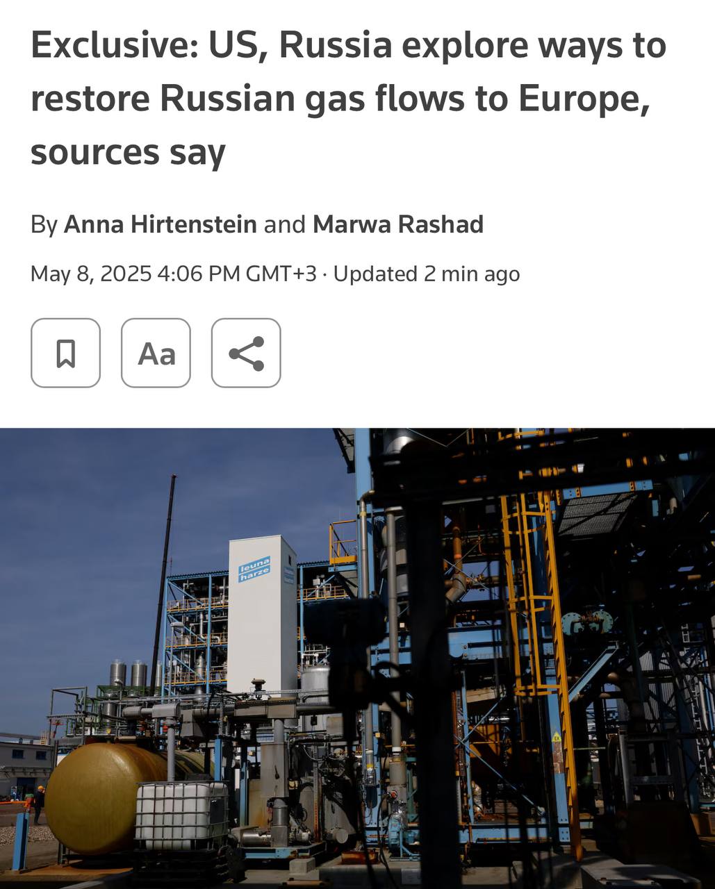 Россия и США обсуждают возможность возобновления поставок российского газа в Европу, сообщает Reuters. Согласно информации издания, у него есть восемь источников, знакомых с ходом этих переговоров.