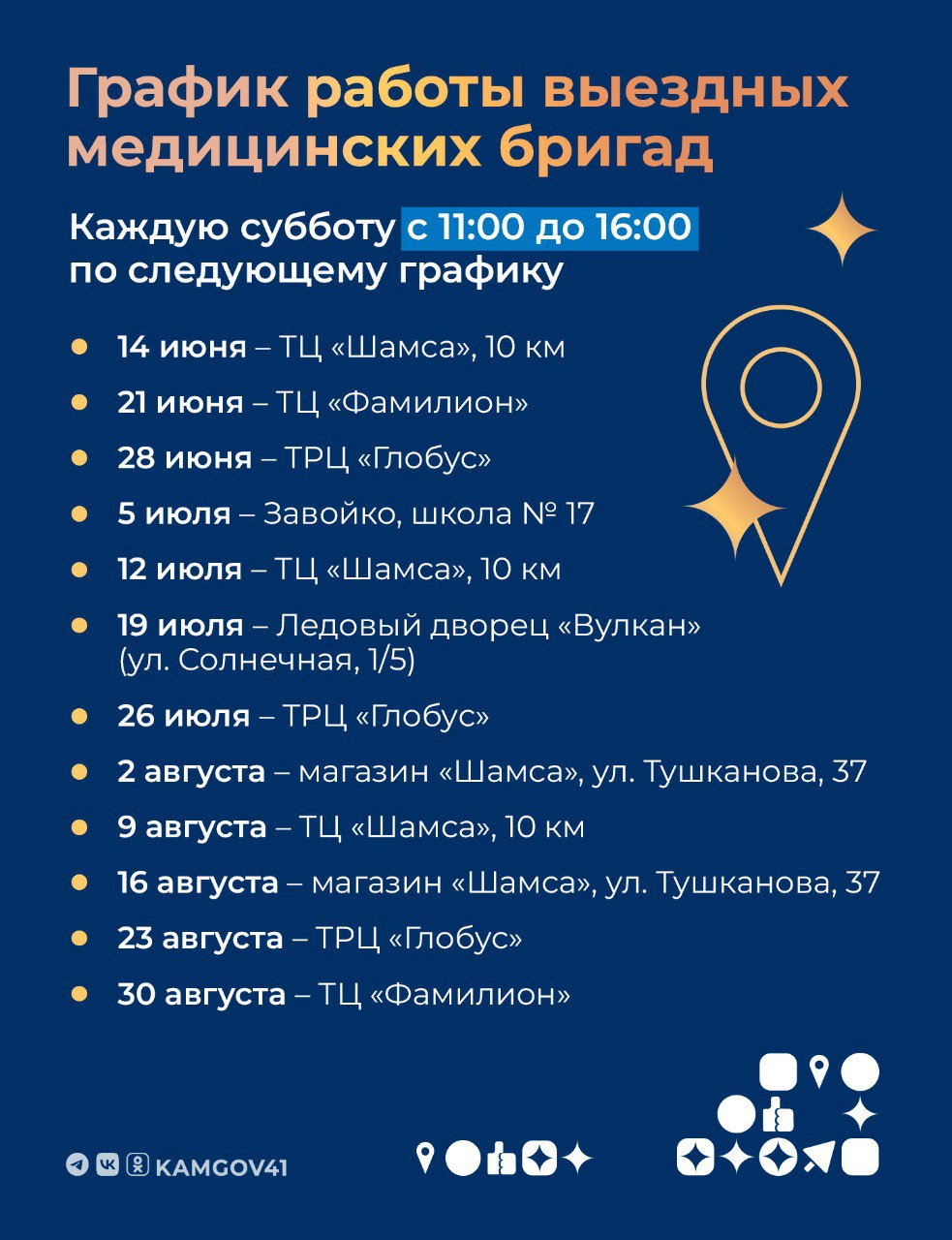 В Петропавловске-Камчатском пройдут «Медицинские субботы». Камчатцы смогут пройти диспансеризацию в удобном формате в рамках работы выездных бригад медиков, которые будут дежурить в разных районах Петропавловска. Комплекс обследований соответствует первому этапу общей диспансеризации и включает в себя анализы на самые распространенные виды онкологических заболеваний у мужчин и женщин График работы мобильных комплексов и перечень обследований смотрите в наших карточках #камчатка #камчатскийкрай #медицина #оздоровление #диспансеризация