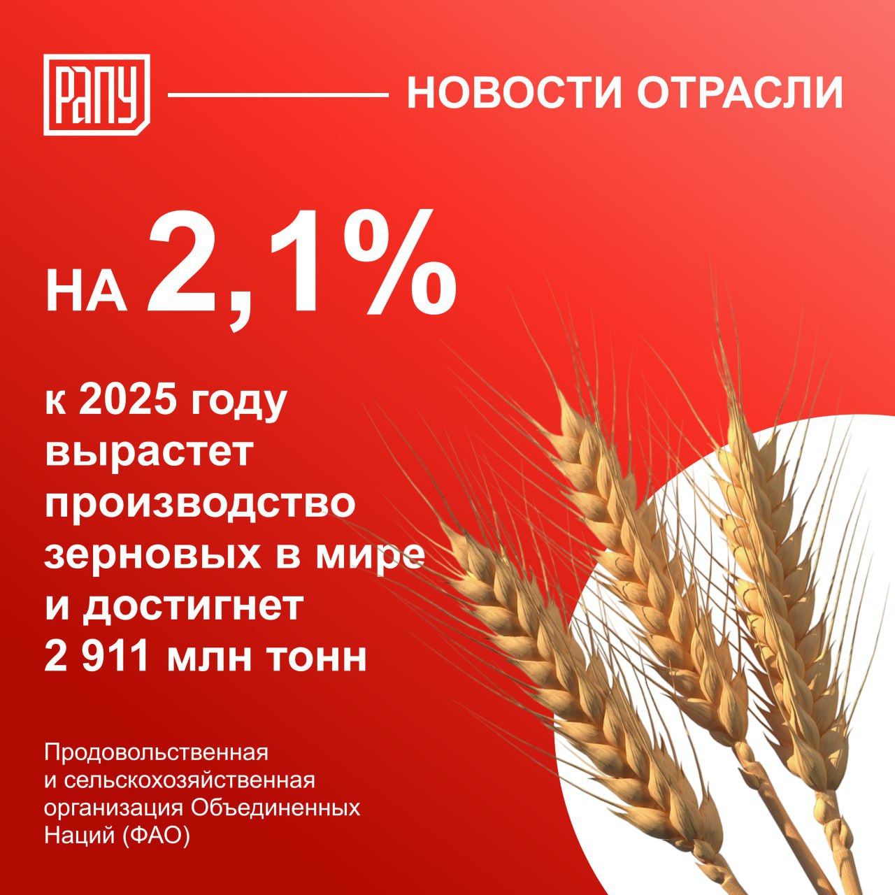 В 2025 году в мире будет произведено 2911 млн тонн зерновых, что на 2,1% больше результата прошлого сезона, говорится в обзоре ФАО. Рост ожидается по всем культурам, больше всего — по кукурузе, меньше всего — по пшенице. Причем объемы производства кукурузы, риса и сорго достигнут новых рекордных уровней. На фоне роста производства запасы зерновых в мире увеличатся на 1%, до 873,6 млн тонн. Это частично компенсирует падение текущего сезона. Основной прирост запасов обеспечат фуражные зерновые, а запасы пшеницы, наоборот, сократятся. После сокращения почти на 7% в сезоне 2024/25 объем мировой торговли зерновыми в сезоне 2025/26 ожидает восстановительный рост на 1,9%, до 487,1 млн тонн. В уходящем сезоне объем мировой торговли резко снизился за счет пшеницы и основных видов фуражных, именно по ним ожидается наибольшее восстановление: по пшенице – на 3,8%, по фуражному зерну – на 0,9%. Напомним, в России в сезоне 2025/2026 также ожидается рост производства зерновых до 132–138 млн т, из которых 85–90 млн т составит пшеница. В сезоне 2024/2025 было собрано 125,9 млн т зерна и 82,6 млн т пшеницы. #АПК #прогноз