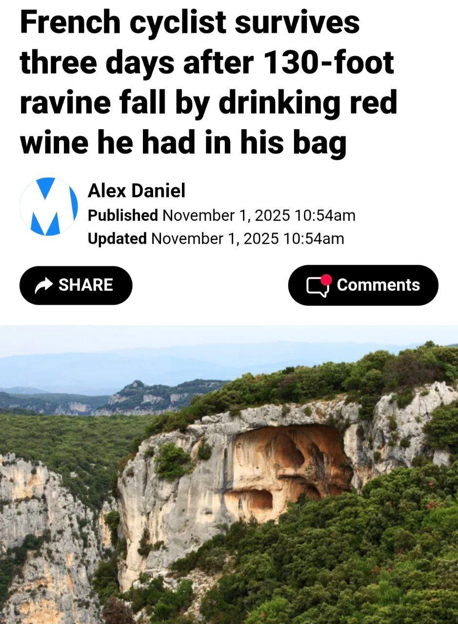 77 летний француз упавший в 40 метровый овраг три дня питался вином и закусками он выжил только благодаря этому Мужчина ехал за продуктами в магазин однако проморгал поворот и сорвался со скалистого обрыва Выбраться самостоятельно у него не вышло поэтому он оказался в плену оврага Француз пытался докричаться до проезжающих мимо машин но никто не реагировал В целом мужчина не горевал у него был запас вина и закусок так что эти три дня он совсем не скучал Когда его спасли оказалось что пенсионер отделался легкими ссадинами и незначительным переохлаждением Делаем урок из этой ситуации всегда берите с собой вино trends