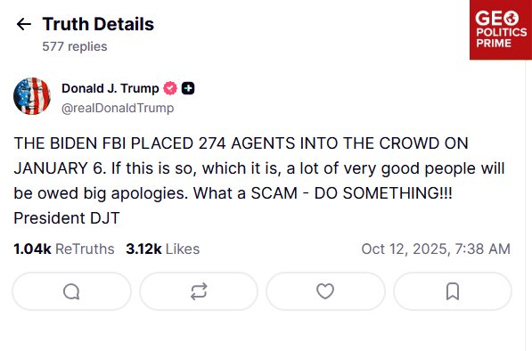 Трамп насчитал 274 агентов ФБР в числе штурмовавших Капитолий 6 января 2021 года Он назвал все беспорядки в Капитолии аферой настаивая что они были инсценированы Министерством юстиции Байдена чтобы очернить его сторонников и отвлечь от темы фальсификации выборов