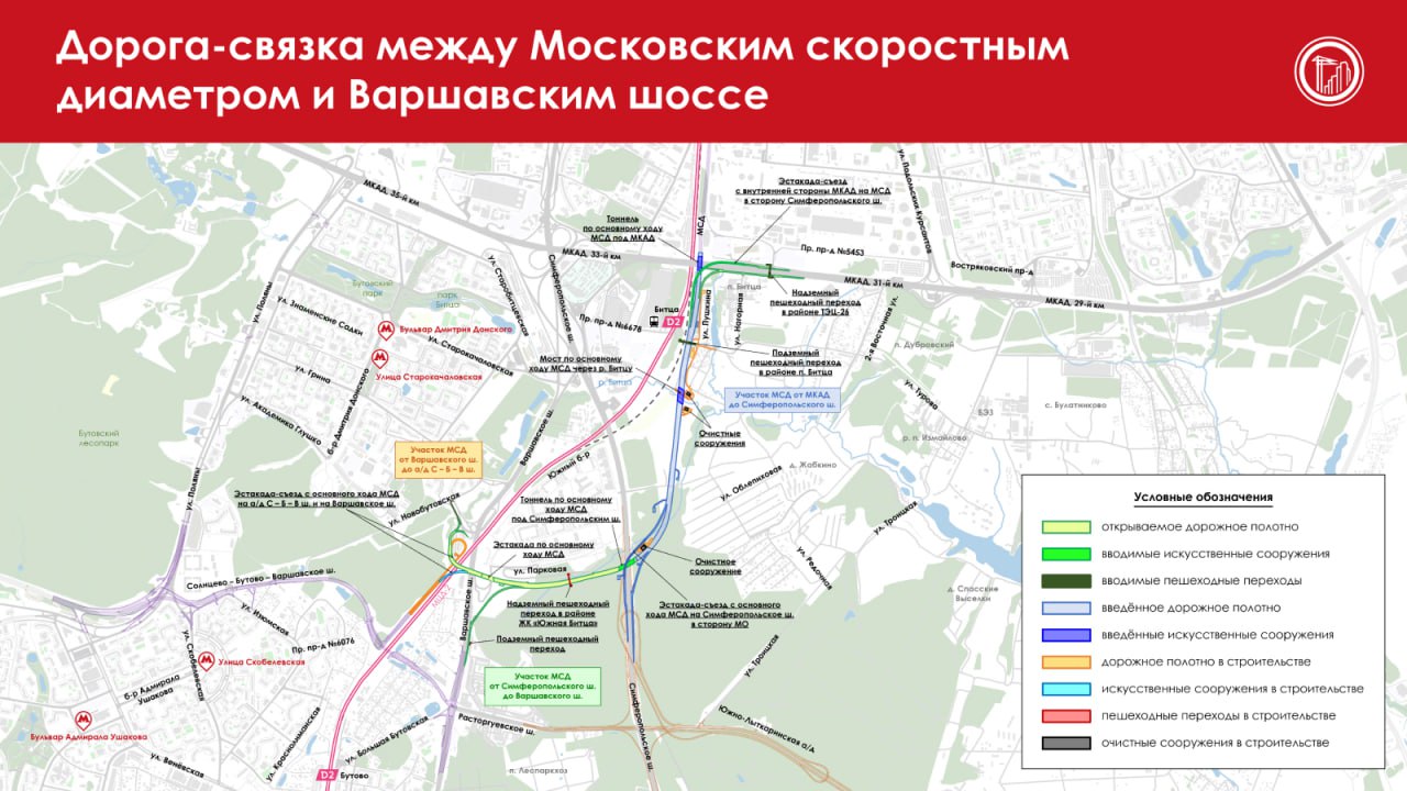 На южном участке Московского скоростного диаметра построена эстакада  «Длина эстакадного съезда составила 630 метров. Объект стал самым протяженным мостовым сооружением на участке Московского скоростного диаметра за пределами МКАД. Эстакаду удерживает 16 опор. В общей сложности для ее строительства потребовалось более 4,7 тыс. кубометров железобетонных конструкций. По всей длине эстакады установили уличное освещение и автоматическую противогололедную систему», – сказал Владимир Ефимов.  Объект возводили с использованием комбинированных технологий: часть пролетов монтировали на временных опорах, остальные – методом надвижки. Таким образом, проведение работ не мешало проезду транспорта на прилегающих дорогах и железнодорожных путях.