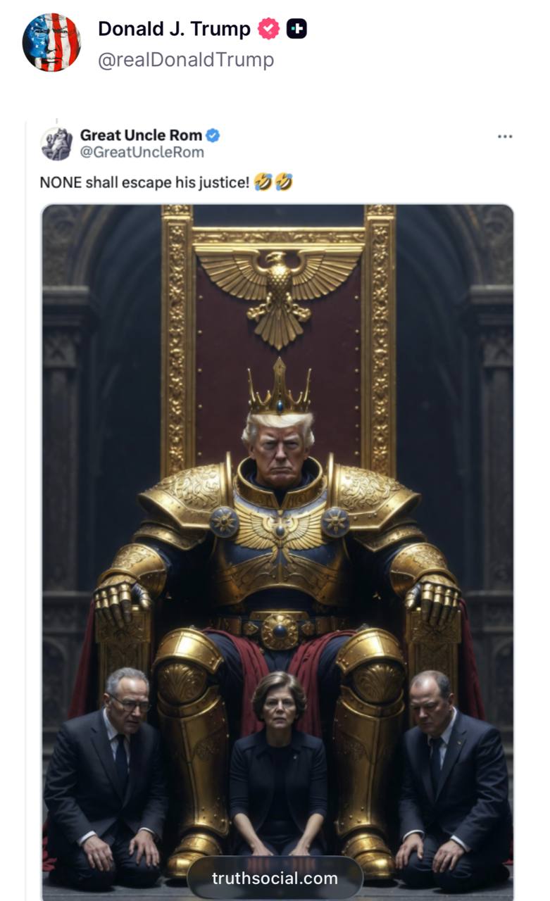 Трамп Император Человечества Президент США репостнул фотку где он сидит на троне в образе из Warhammer 40000 Рядом у трона примархи европейские политики Спойлер Маск Хорус exploitex